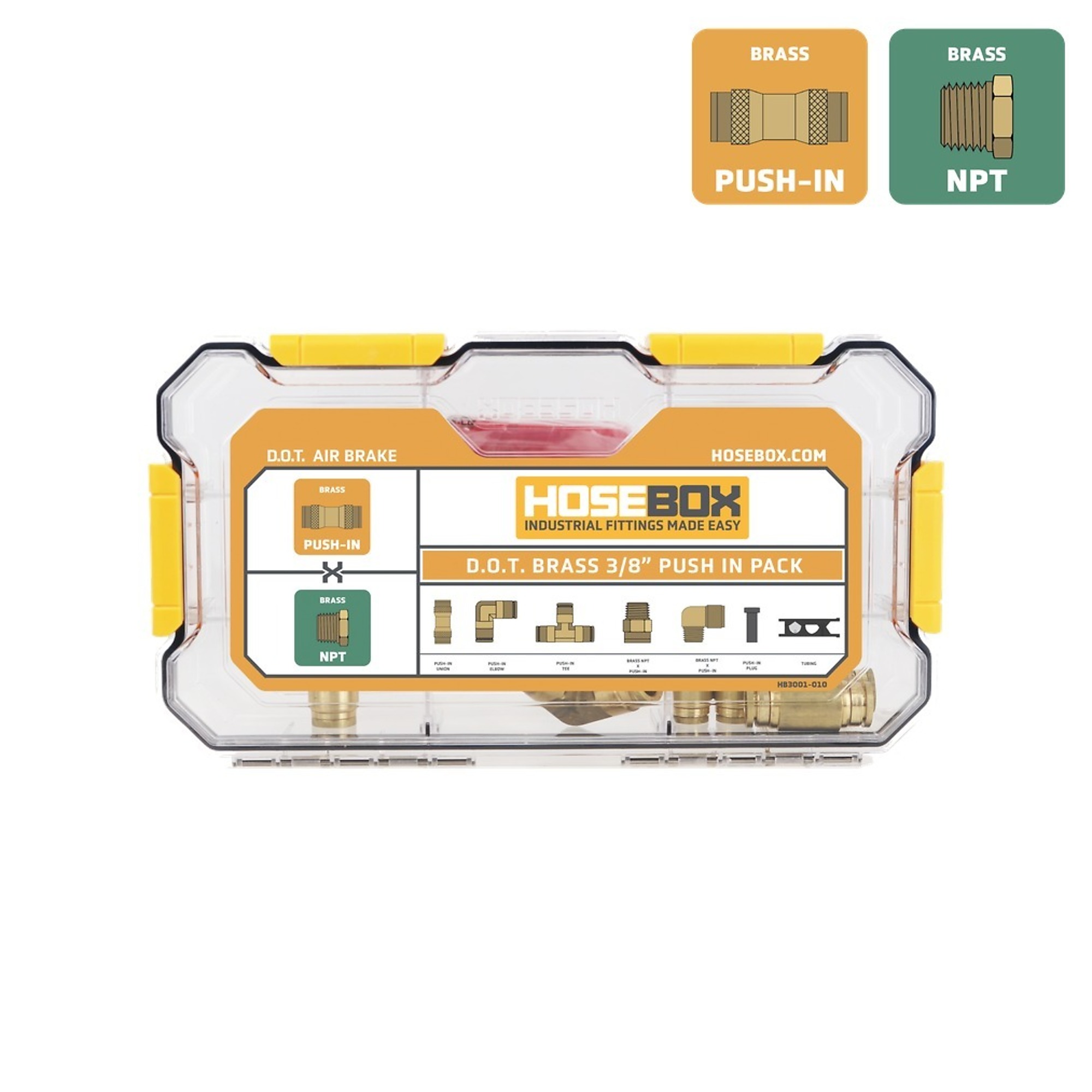 HoseBox D.O.T. Brass Push-In Pack, 3/8 Inch, 21 Fittings, Model# HB3001-010
